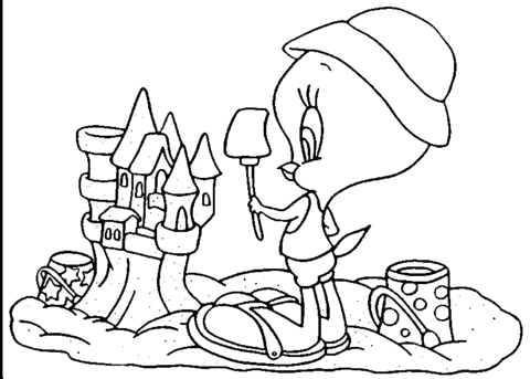 Tweety And Sand Castle Coloring Page